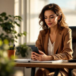 Empresária usando assistente financeiro IA no WhatsApp para gestão de dados financeiros em tempo real