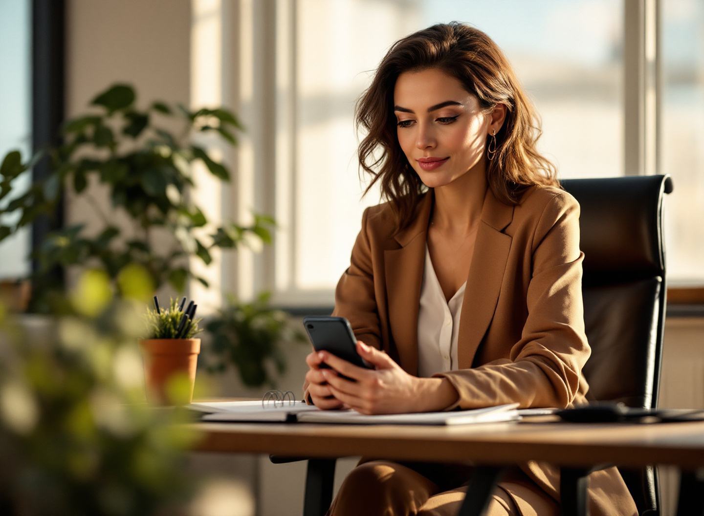 Empresária usando assistente financeiro IA no WhatsApp para gestão de dados financeiros em tempo real