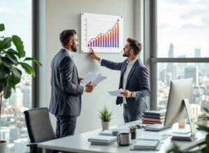 Empresário analisando crescimento de faturamento e capital de giro ideal em seu escritório moderno