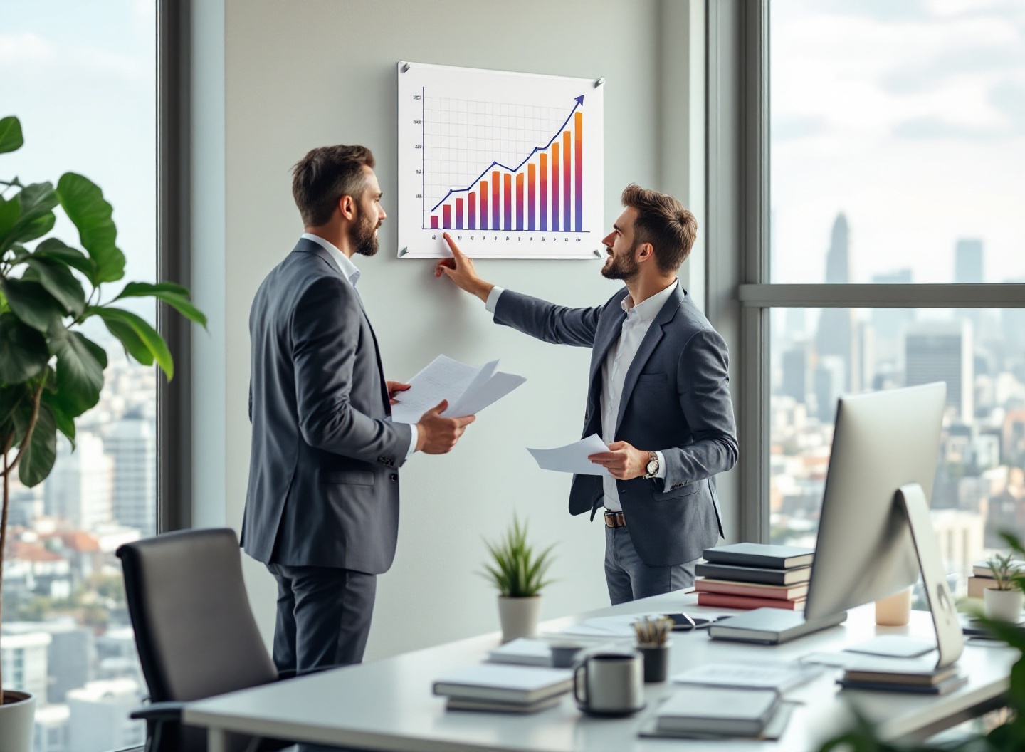 Empresário analisando crescimento de faturamento e capital de giro ideal em seu escritório moderno
