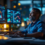 analista financeiro satisfeito usando software de gestão financeira com redução de erros em 80% no escritório moderno
