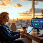 Executiva financeira satisfeita com dashboard de conciliação bancária bem-sucedida em escritório corporativo moderno ao entardecer
