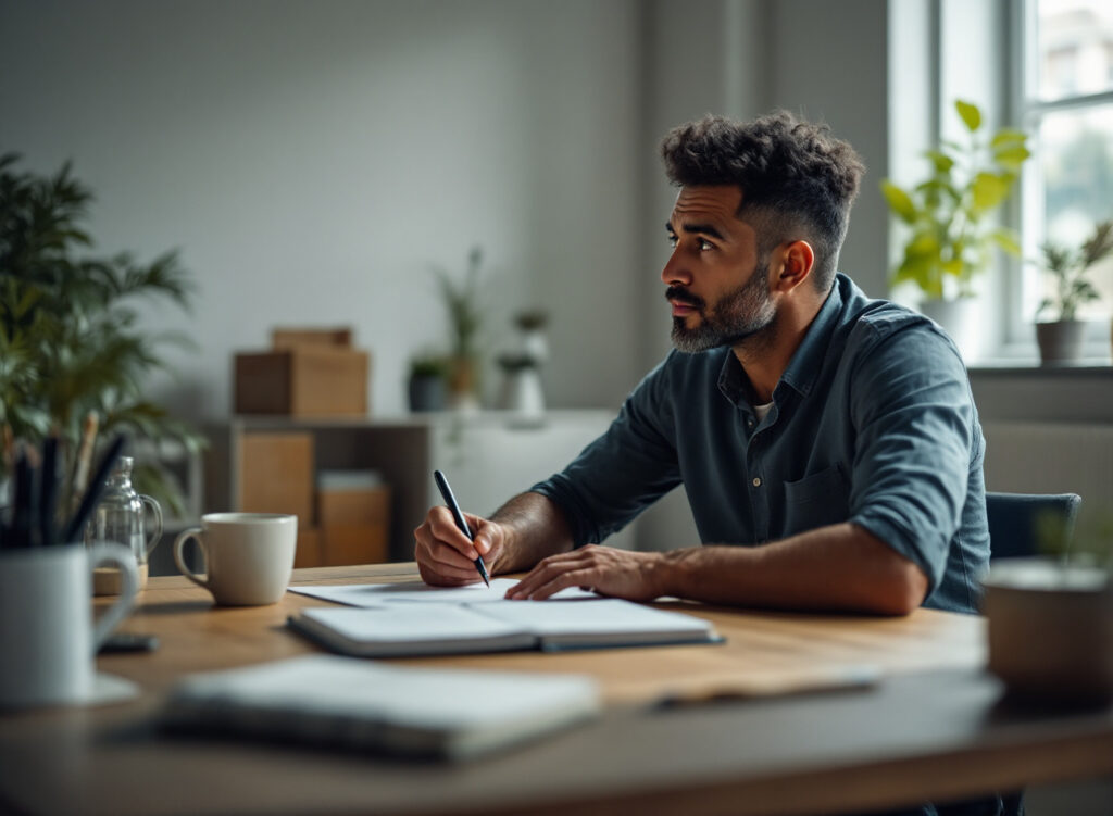 Empreendedor analisando receita bruta e lucro em escritório moderno com laptop e café