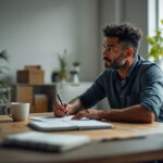 Empreendedor analisando receita bruta e lucro em escritório moderno com laptop e café
