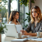 Empreendedora confiante analisando DRE MEI e resultado financeiro com controle total do faturamento e lucro