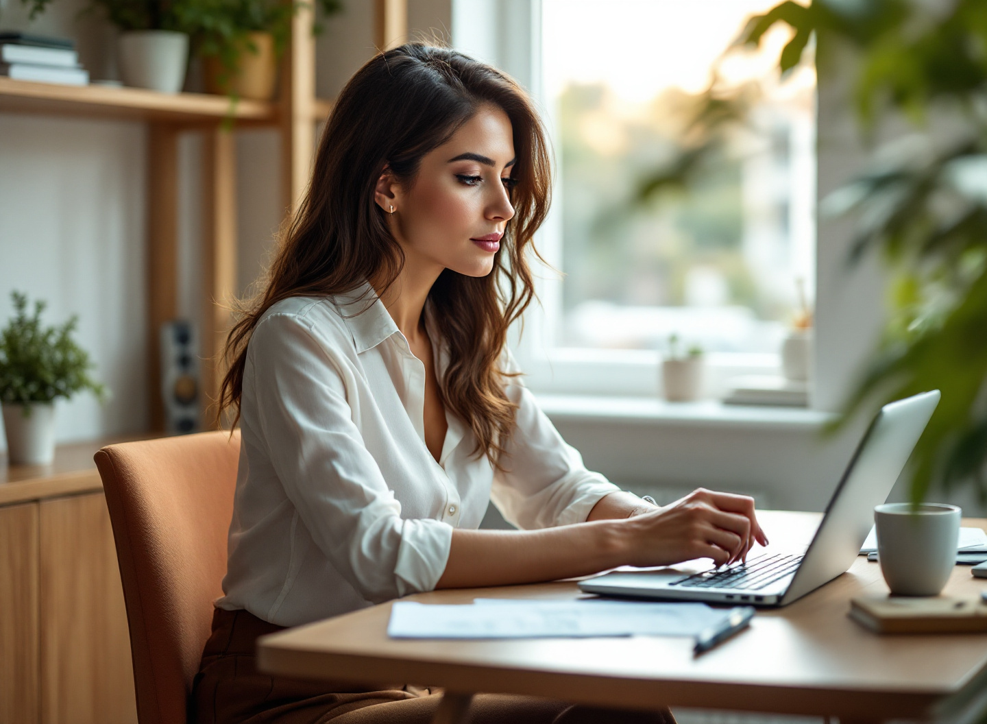 MEI analisando planejamento financeiro em notebook com documentos e calculadora em mesa de trabalho