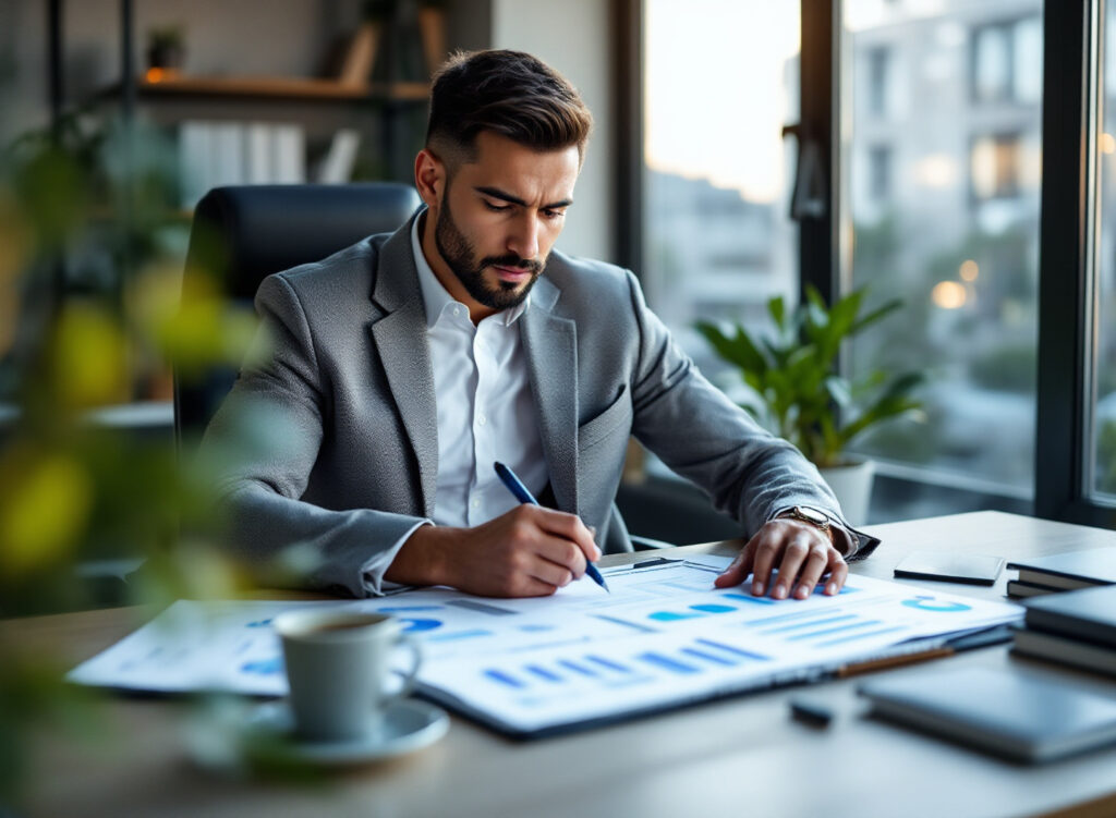 Empresário analisando relatórios financeiros e capital de giro em seu escritório moderno