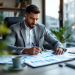 Empresário analisando relatórios financeiros e capital de giro em seu escritório moderno