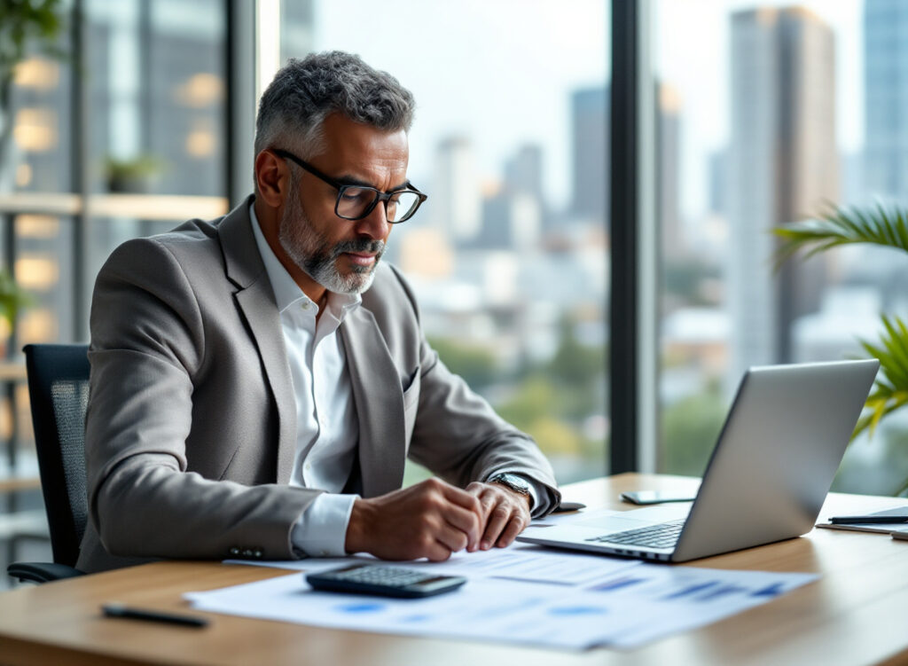 Empresário analisando planejamento estratégico e gestão financeira empresarial em escritório moderno