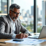 Empresário analisando planejamento estratégico e gestão financeira empresarial em escritório moderno