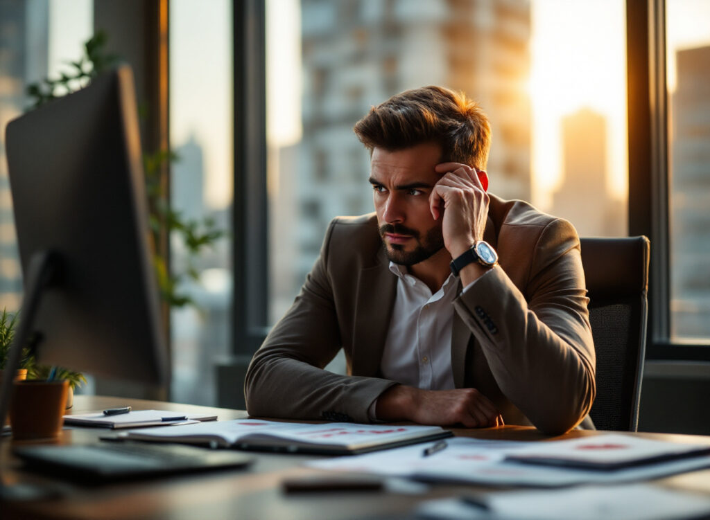 empresário preocupado analisando gráficos financeiros negativos em escritório corporativo