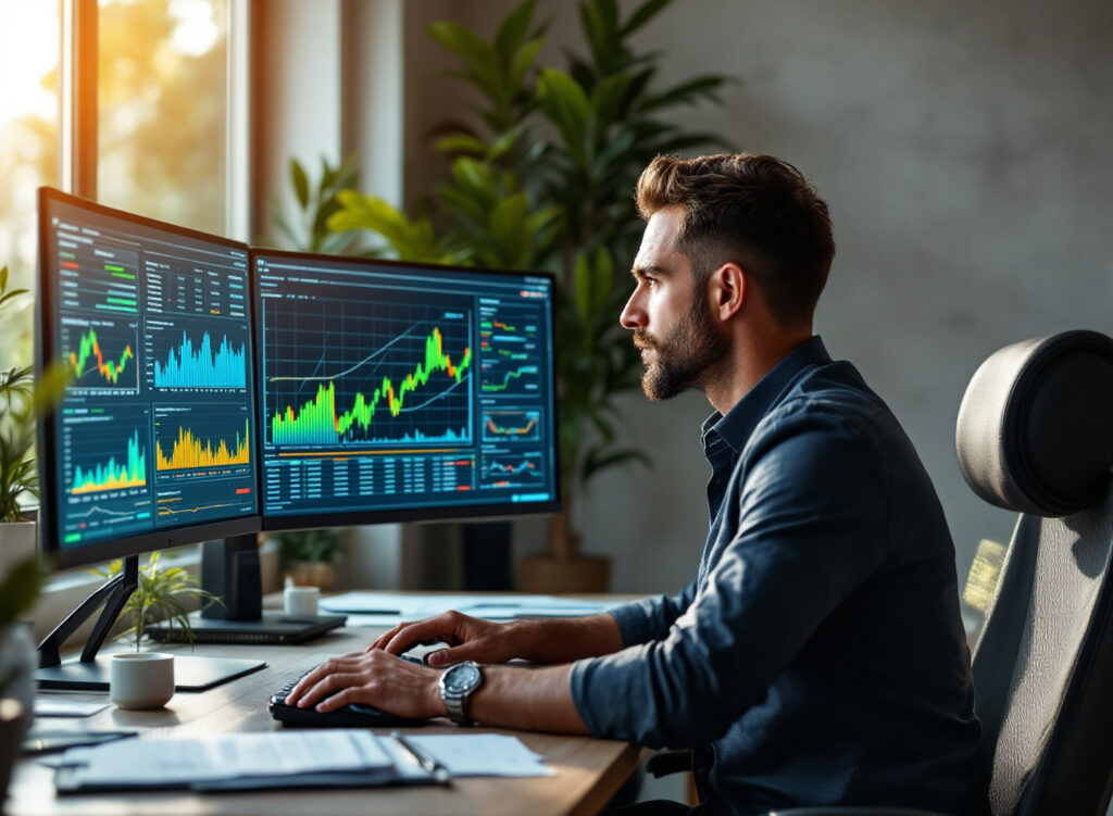 Gestor financeiro analisando dados em tempo real em software de gestão financeira moderna com gráficos e relatórios automáticos na tela