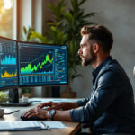 Gestor financeiro analisando dados em tempo real em software de gestão financeira moderna com gráficos e relatórios automáticos na tela