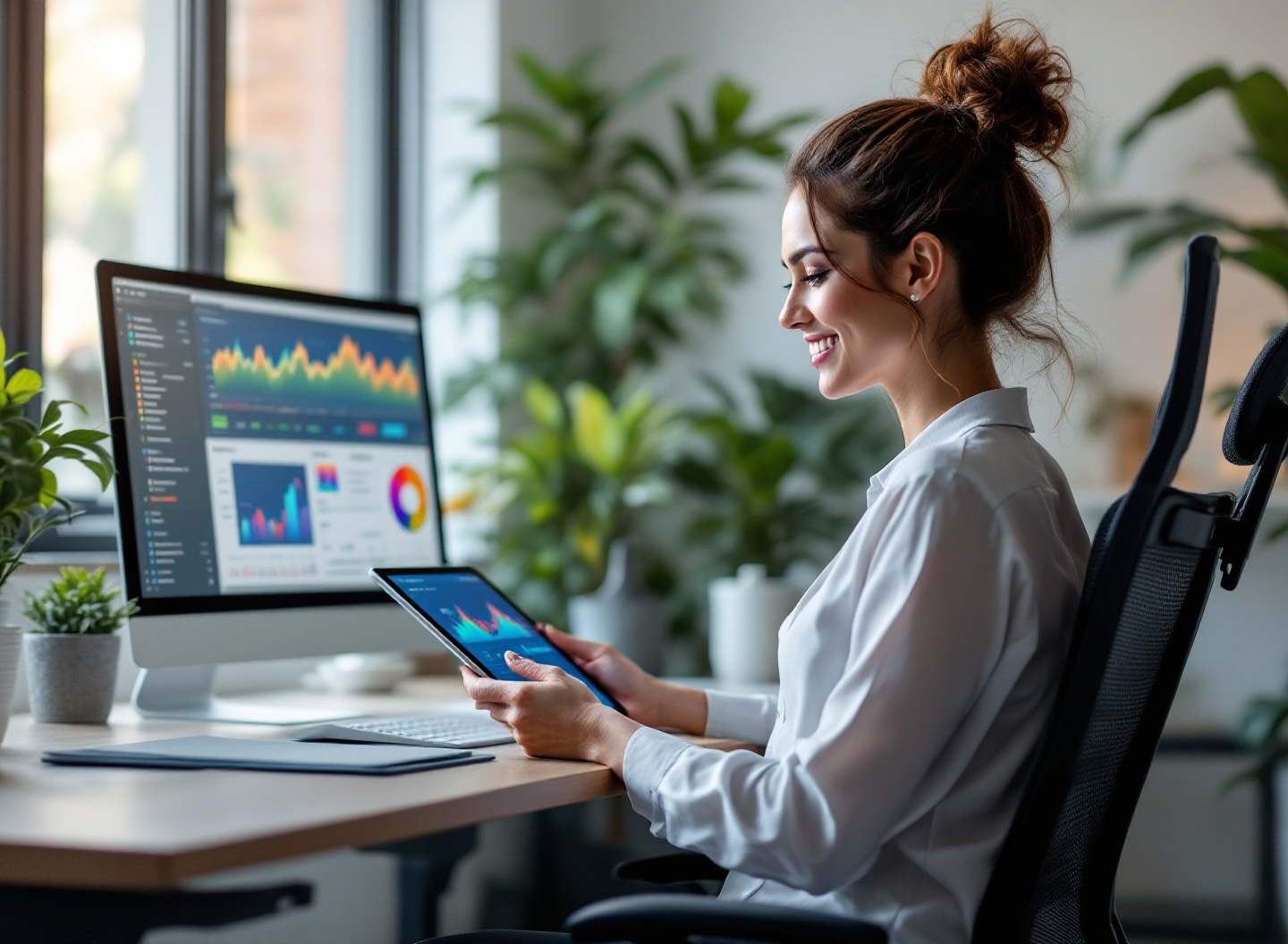 Efeito Automação: como um bom software de gestão financeira reduz erros e recupera horas perdidas em planilhas 3 Profissional de finanças satisfeita visualizando relatórios automáticos em tempo real gerados por software de gestão financeira moderna em tablet