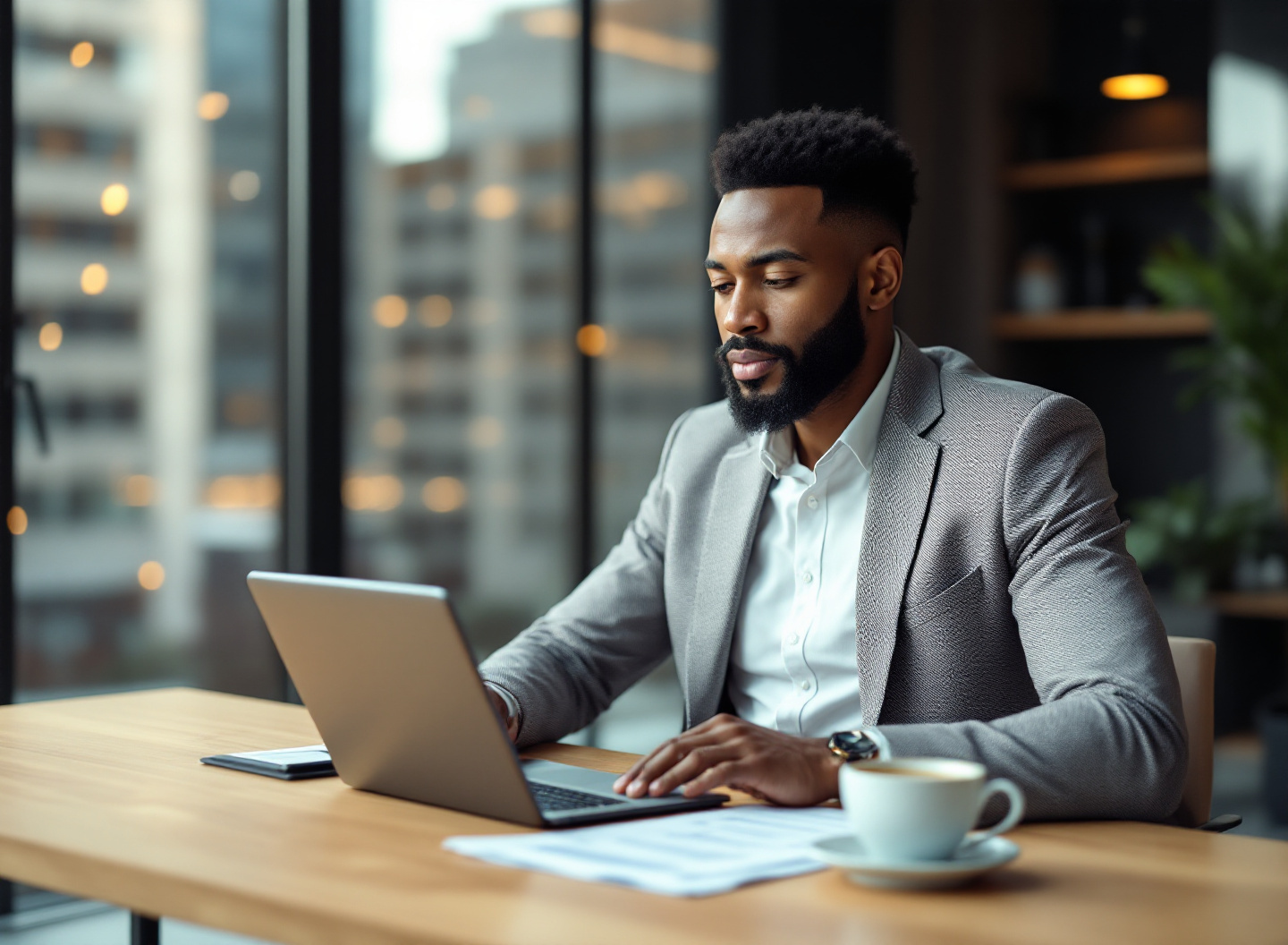 Empreendedor analisando DRE e estrutura de resultados financeiros no tablet em escritório moderno