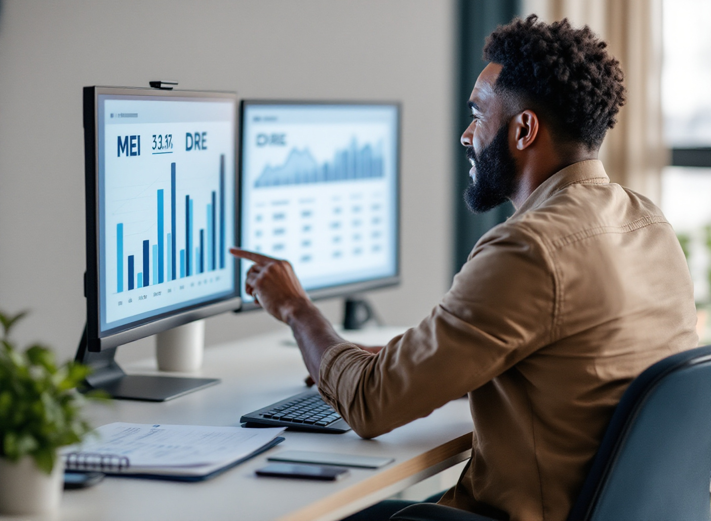 Faturamento não é Lucro: Como Fazer uma DRE Real para seu MEI e Não Quebrar o Caixa 3 Empreendedor analisando planilha de DRE MEI com múltiplos monitores e controle financeiro estruturado