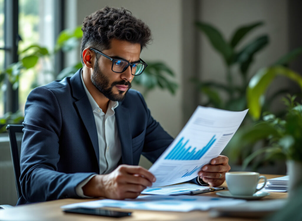 Empresário analisando gráficos de controle financeiro em escritório moderno