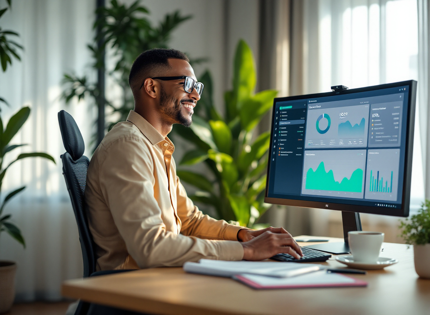 Gestor financeiro analisando dashboard de sistema de gestão financeira empresarial em computador