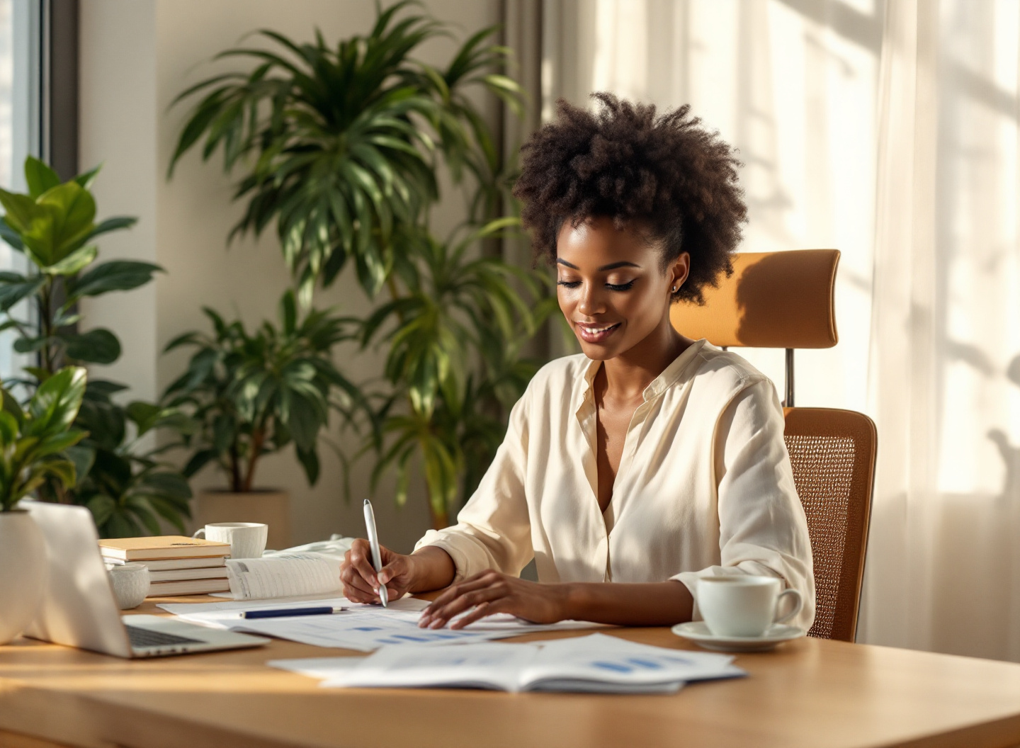 Empreendedora analisando tabela de composição da DRE e contas financeiras em home office moderno