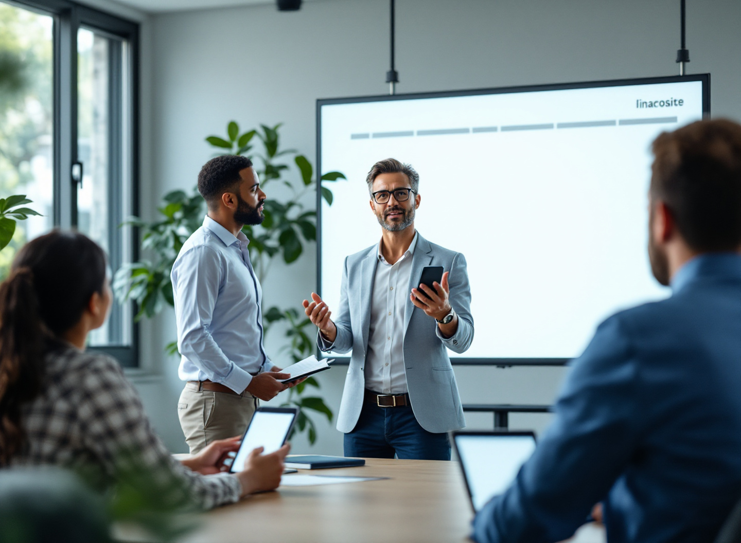 Equipe recebendo treinamento sobre sistema de gestão financeira com IA no WhatsApp em ambiente corporativo