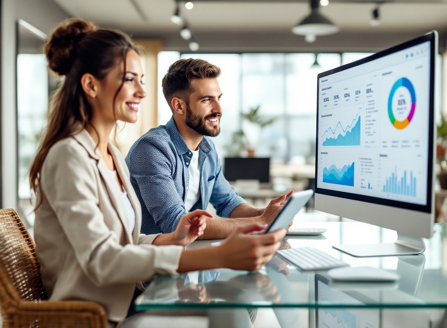 Gestores financeiros colaborando com dashboard de sistema automatizado em escritório moderno com luz natural