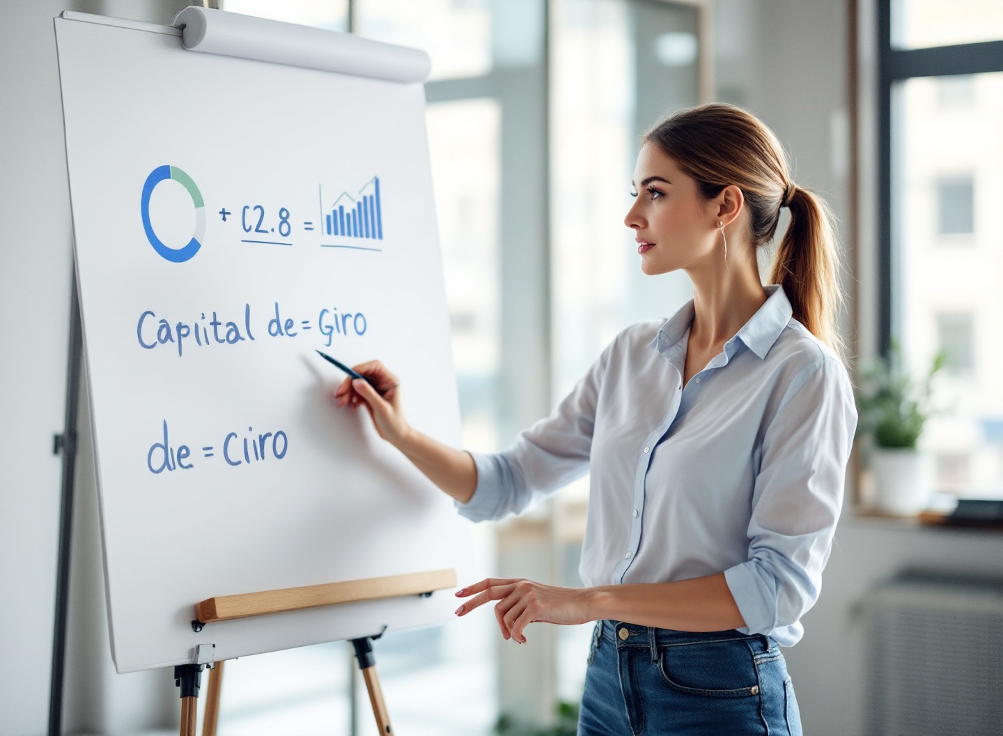 Empresária explicando fórmula de capital de giro ideal em quadro branco