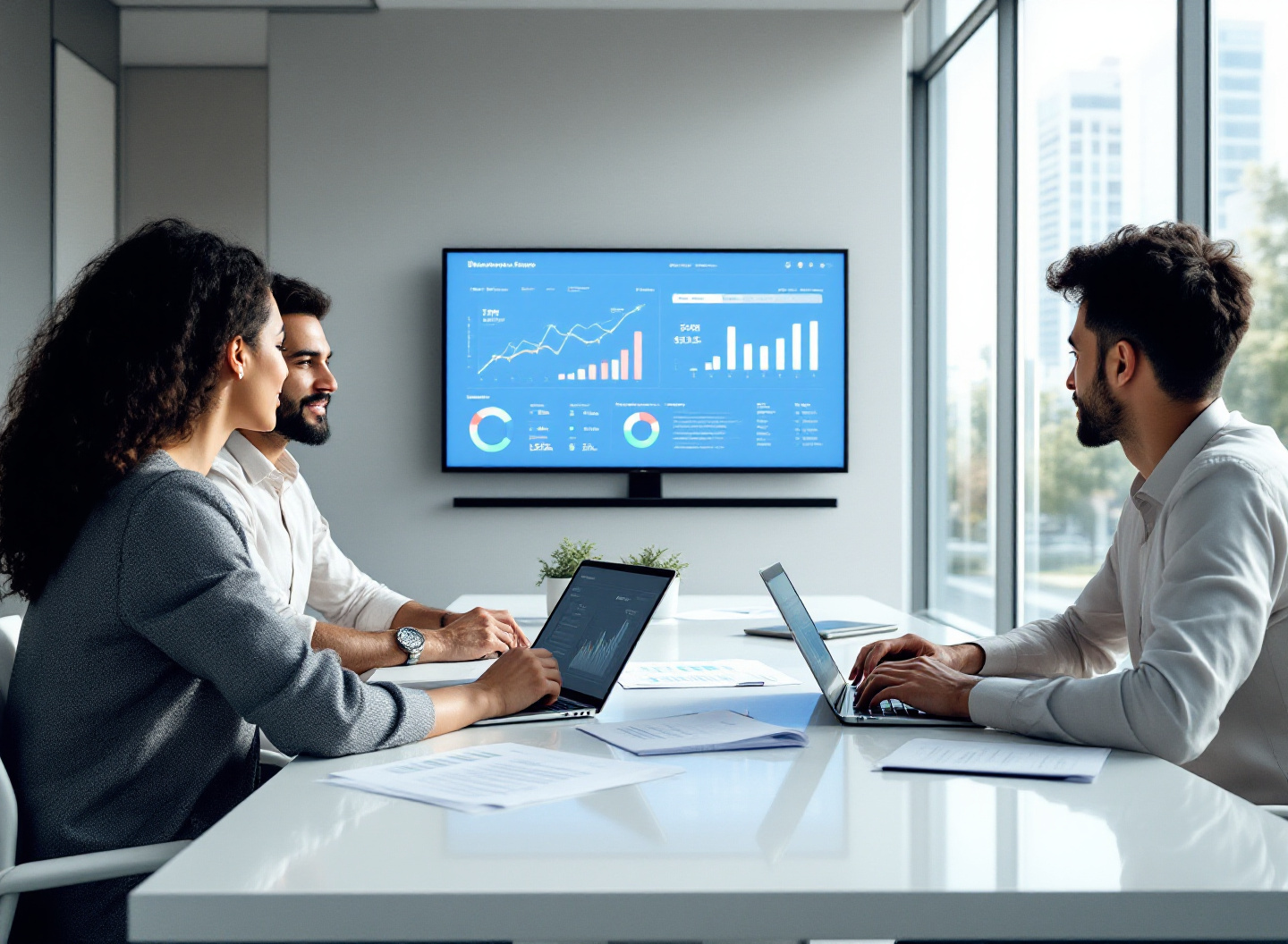 Equipe analisando dashboard de sistema financeiro para empresas em reunião corporativa