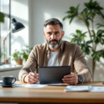 Empresário analisando gráficos de capital de giro e fluxo de caixa em tablet em escritório moderno