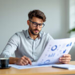 Empreendedor analisando receita líquida e números financeiros em planilha de controle mensal