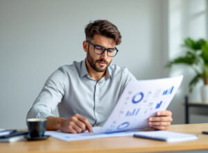 Empreendedor analisando receita líquida e números financeiros em planilha de controle mensal