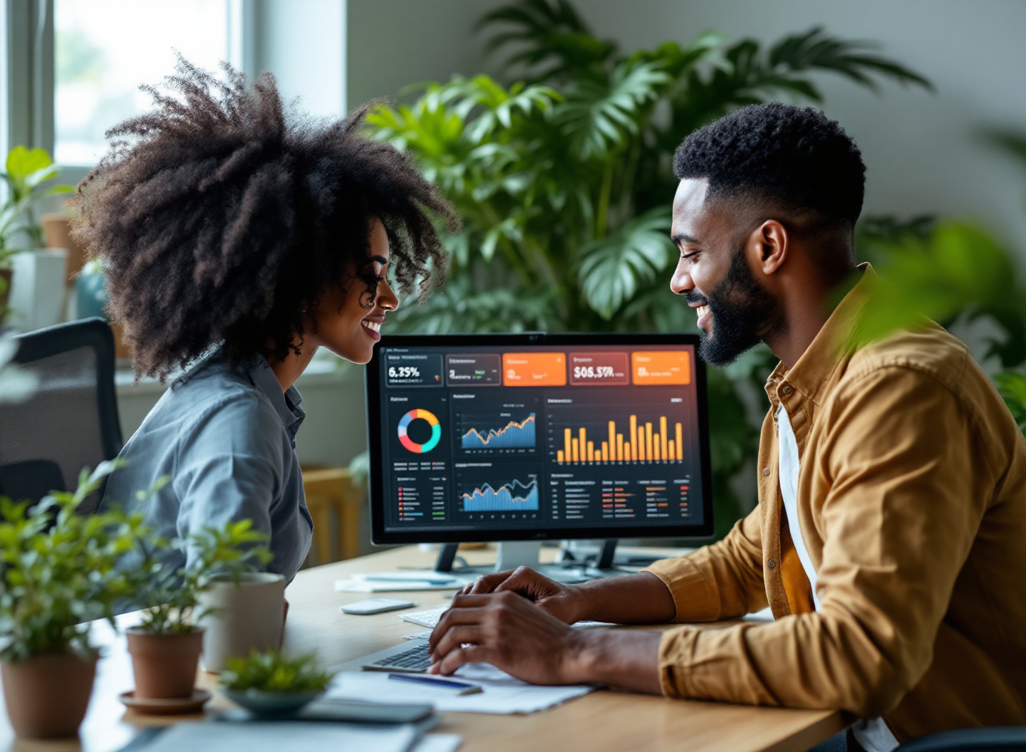 profissionais analisando dashboard de sistema financeiro empresarial em computador