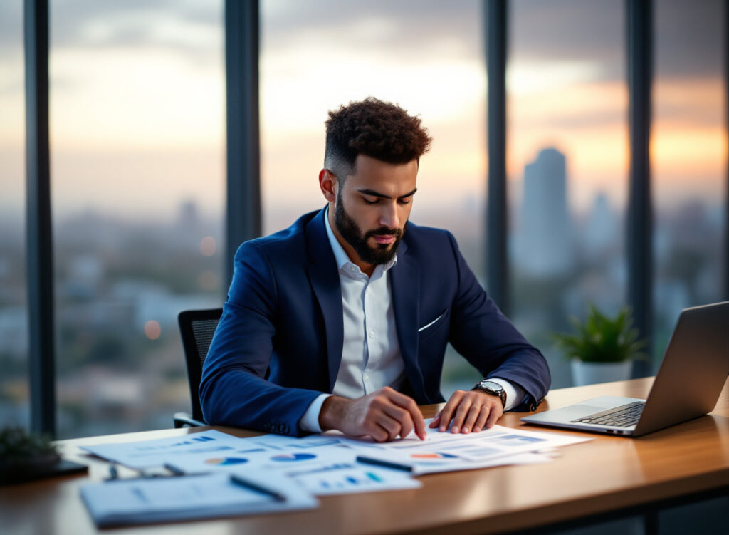 Empreendedor analisando dados de investimento e payback em escritório moderno com documentos financeiros