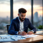 Empreendedor analisando dados de investimento e payback em escritório moderno com documentos financeiros