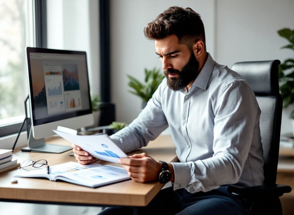 Empreendedor analisando dados de investimento e payback em relatório financeiro