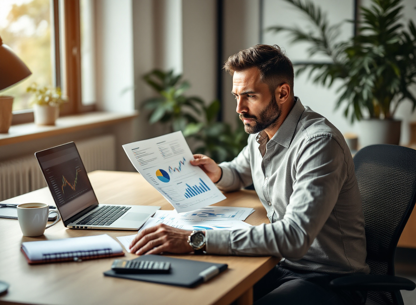 empreendedor analisando DRE e dados financeiros em escritório moderno com iluminação natural