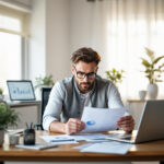 Gestor analisando despesas operacionais e documentos financeiros em escritório moderno