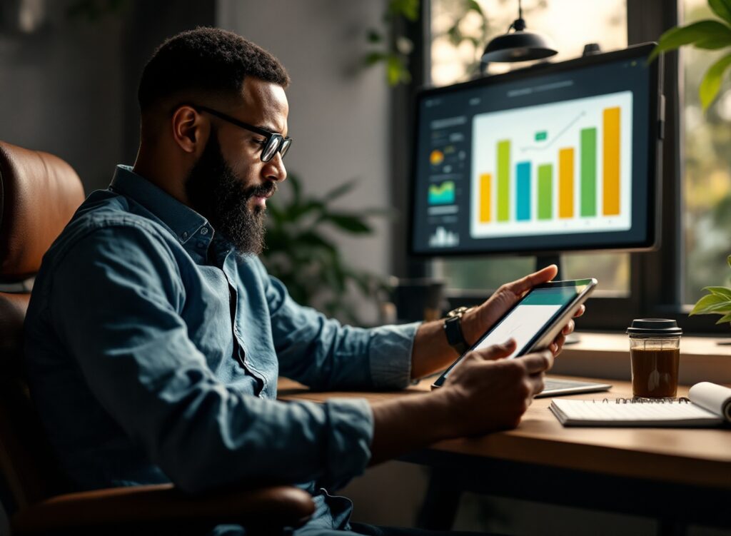 Empreendedor analisando checklist financeiro em tablet com gráficos de lucro e faturamento em escritório moderno
