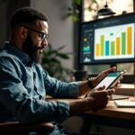 Empreendedor analisando checklist financeiro em tablet com gráficos de lucro e faturamento em escritório moderno