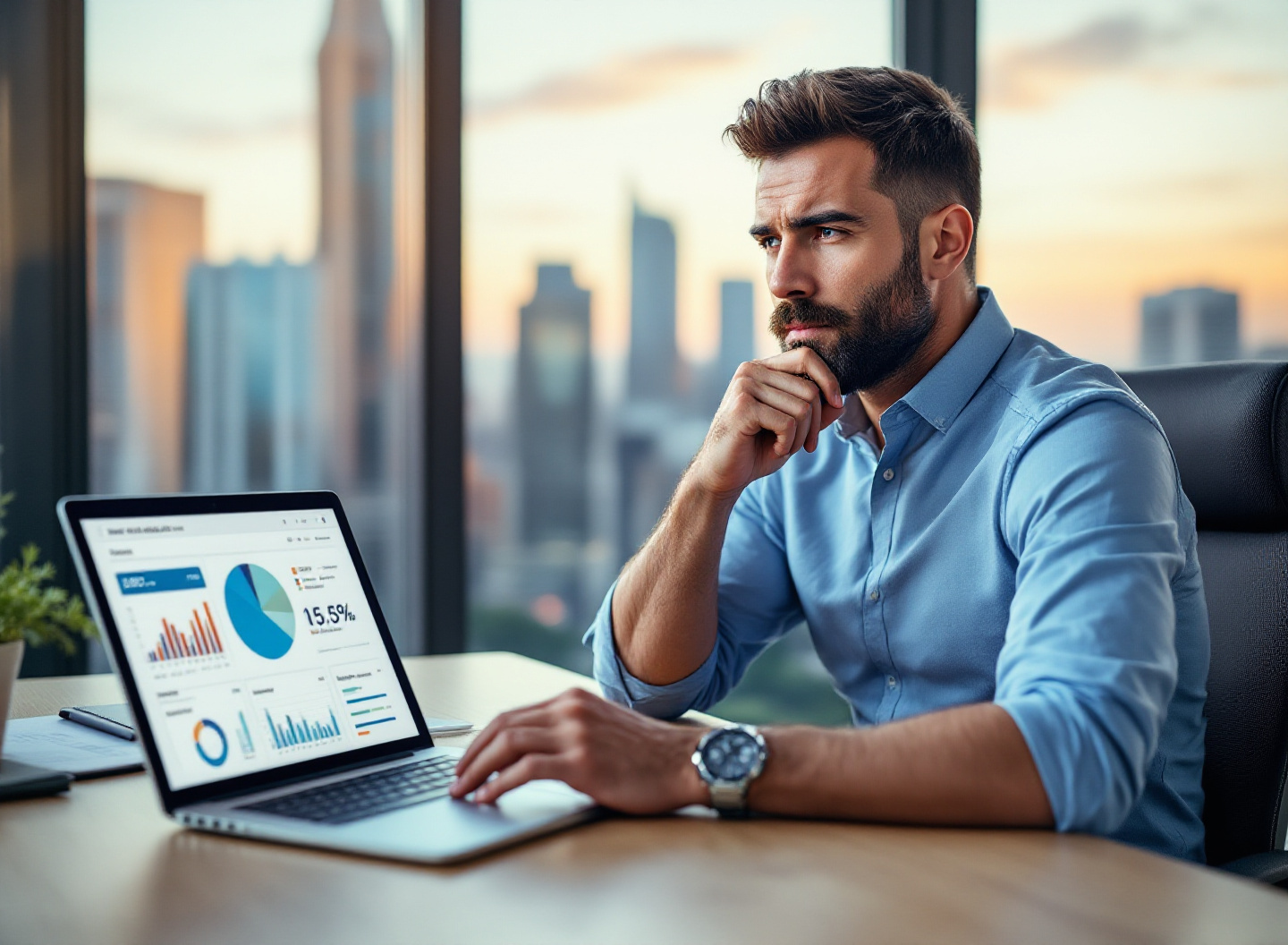 Empreendedor analisando dados de investimento e rentabilidade no computador em escritório moderno