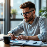 Empreendedor analisando planilha financeira com foco em lucro líquido e faturamento