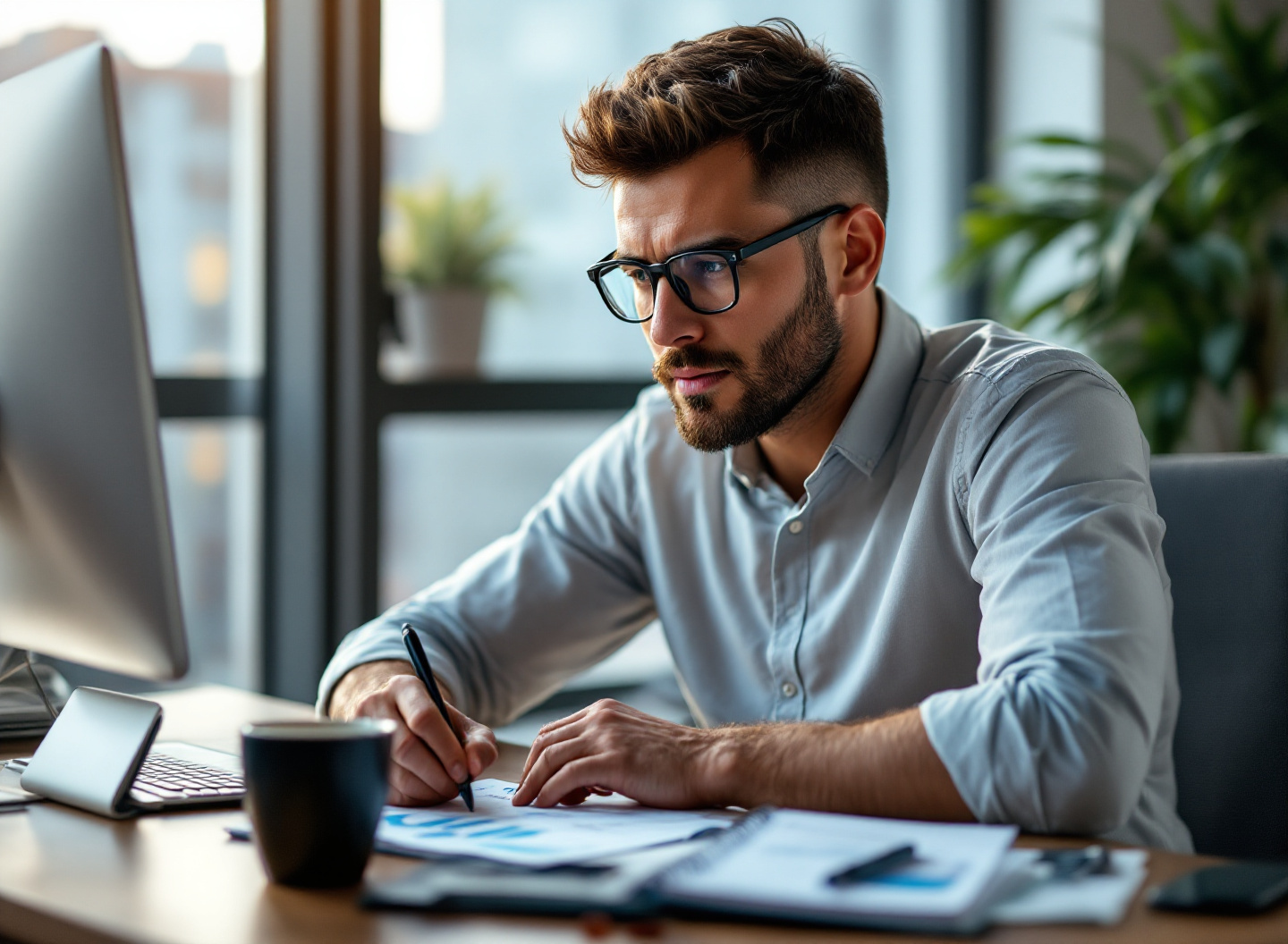 O erro que destrói pequenas empresas: por que seu faturamento alto não significa lucro líquido alto 1 Empreendedor analisando planilha financeira com foco em lucro líquido e faturamento