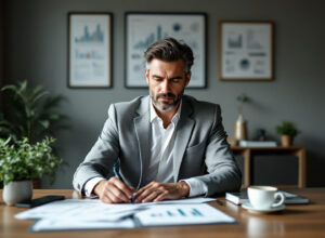 empresário analisando controle financeiro de empresa em escritório moderno
