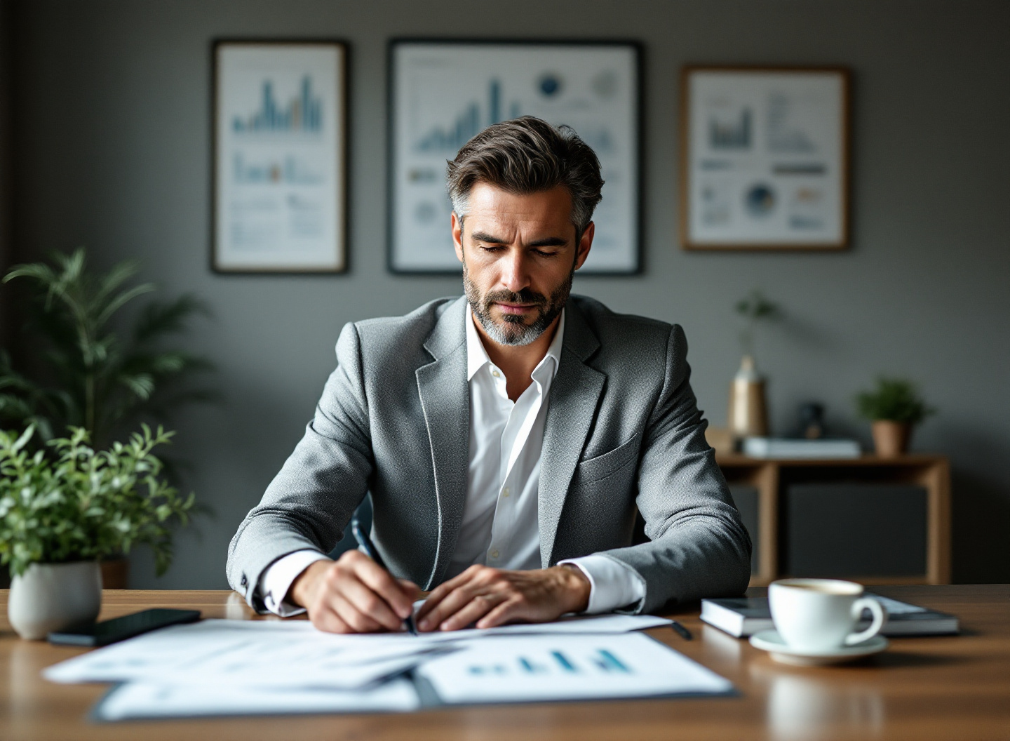empresário analisando controle financeiro de empresa em escritório moderno