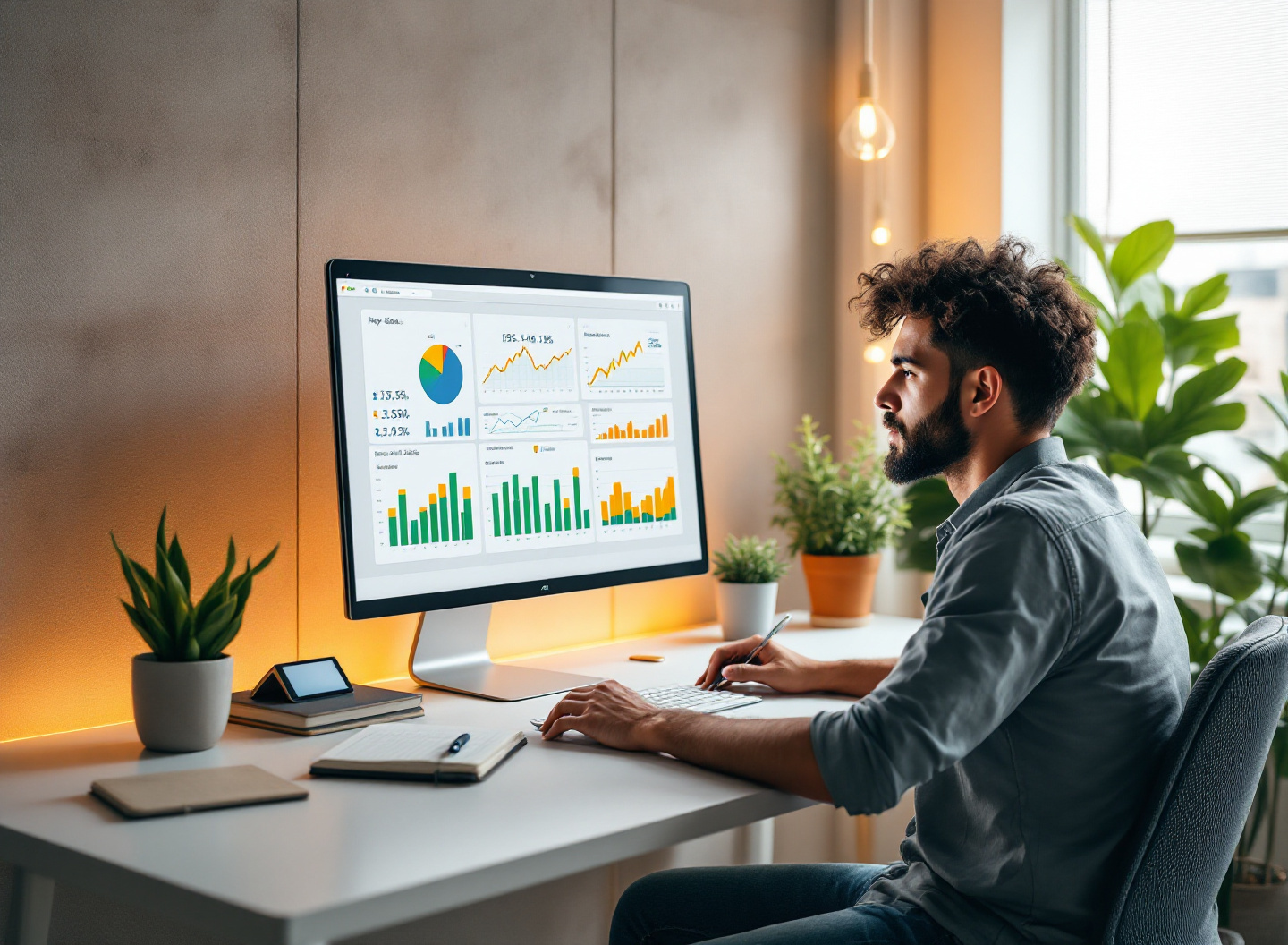 Profissional de startup calculando payback descontado fórmula em monitor de computador moderno