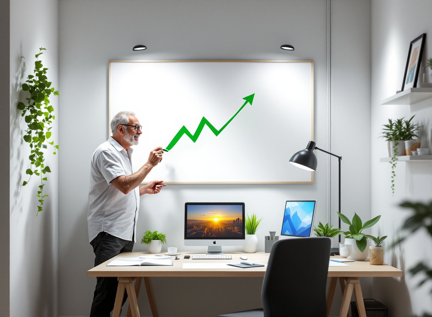 Empreendedor senior visualizando gráfico de crescimento de lucro em checklist financeiro estruturado