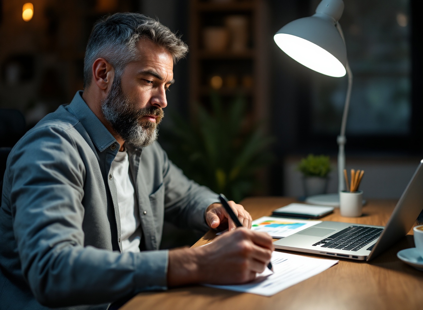 Homem autônomo analisando dados de planilha financeira com gráficos e cálculos para controle de receitas