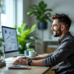 Empresário visualizando dashboard de ERP financeiro com gráficos em tempo real em seu escritório moderno