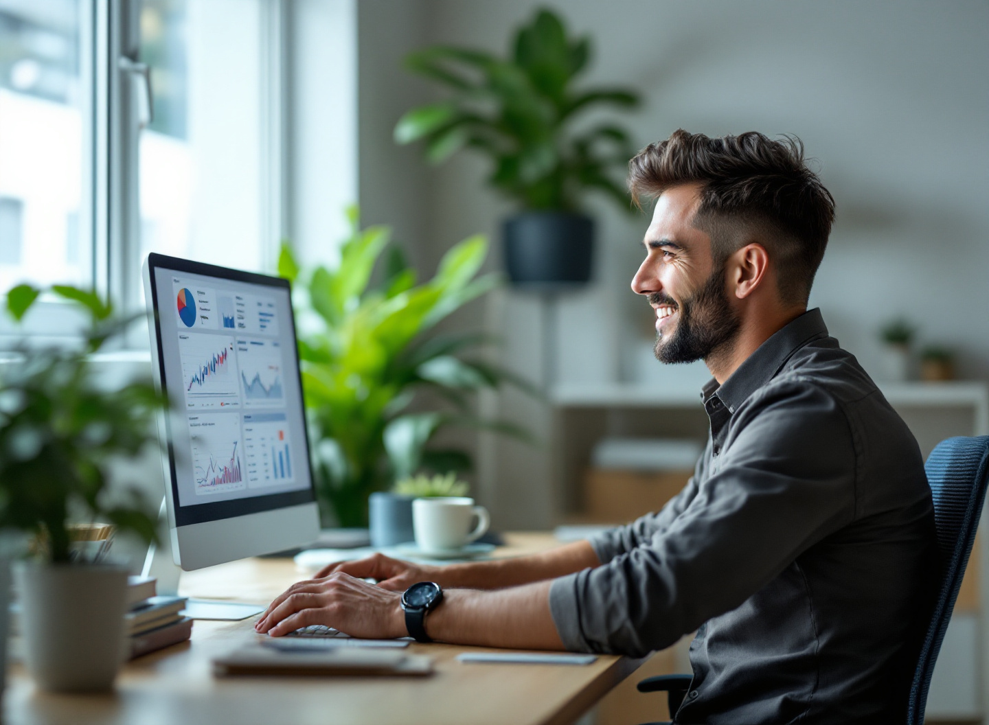 Faturamento Desorganizado? O ERP que Pequenas Empresas Estão Usando para Recuperar o Controle 1 Empresário visualizando dashboard de ERP financeiro com gráficos em tempo real em seu escritório moderno