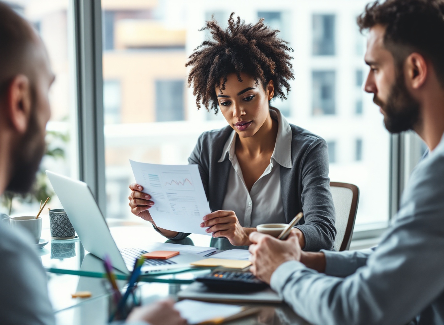 Empreendedora analisando gráficos financeiros com colega em reunião de gestão de lucro e faturamento