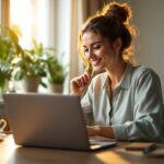 Mulher empreendedora analisando planilha financeira no computador com satisfação e organização de contas pessoais